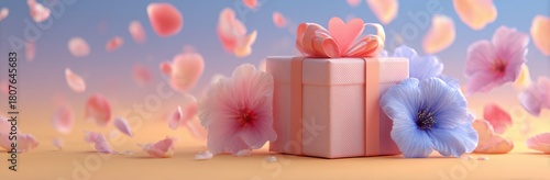 Colorful Gift Box Surrounded by Flower Petals on a Soft Background
