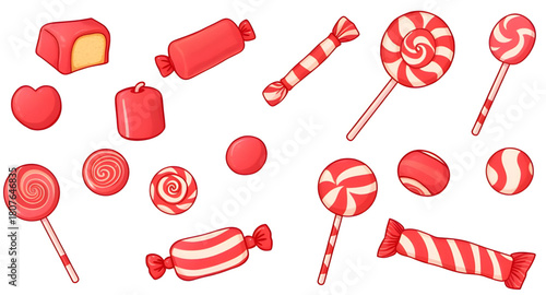 christmas, candy, cane, peppermint, swirl, mint, sugar, confection, dessert, treat, holiday, festive, winter, striped, redwhite, cute, cartoon, glossy, shiny, illustration, vector, graphic, artwork, e
