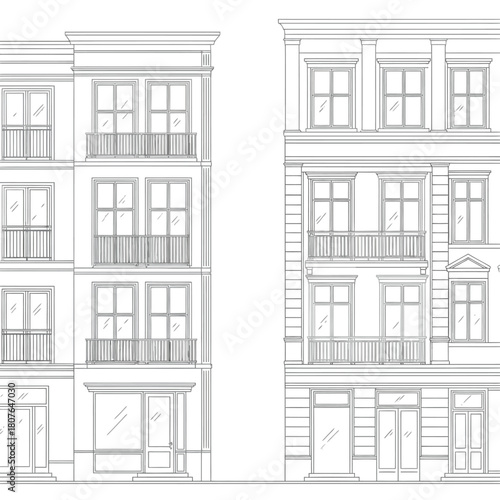 Detailed Architectural Drawings of Building Facades with Balconies