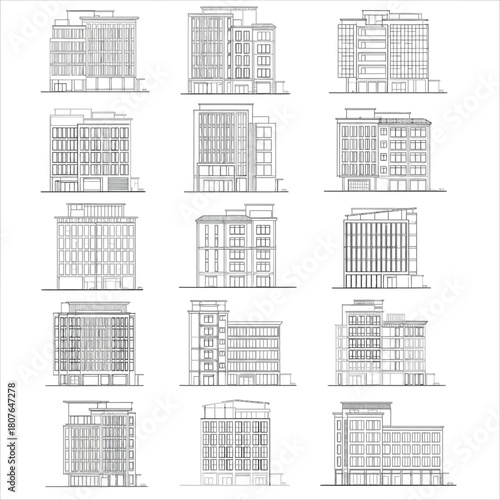Collection of Building Facade Line Drawings architecture