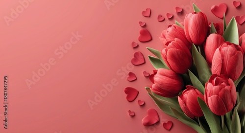 Vibrant Red Tulips Arranged With Small Hearts on a Soft Pink Background for R...