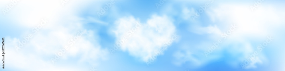 Obraz premium Vector illustration of a beautiful blue sky with realistic clouds. heart-shaped clouds. Captivating panoramic view with soft and natural cloud formations. Perfect for backgrounds, web, design projects