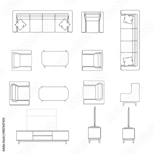 Furniture Top and Side View Line Drawings top view