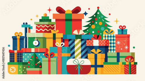 Christmas gift set vector illustration displaying an assortment of beautifully wrapped presents and seasonal decorations..eps