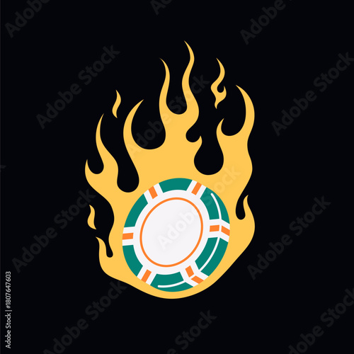 Vector illustration of a poker chip on fire. Dynamic and energetic design, perfect for casino, poker, and gambling projects.