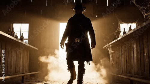 Silhouette of a lone cowboy walking through a dusty saloon, cinematic lighting, western movie scene