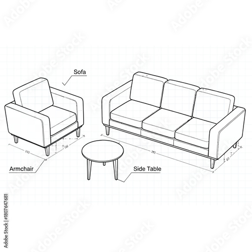 Line Drawing of Sofa Armchair and Side Table with Dimensions