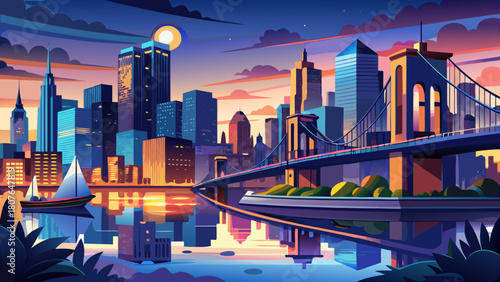 Very beautiful evening waterfront scene at Brooklyn Bridge Park, showcasing calm reflective waters, the iconic Brooklyn Bridge, and the illuminated skyscrapers of Lower Manhattan glowing against the t