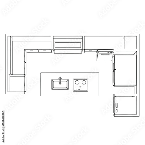 Top- Down Blueprint of aU- Shaped Kitchen Layout top-down