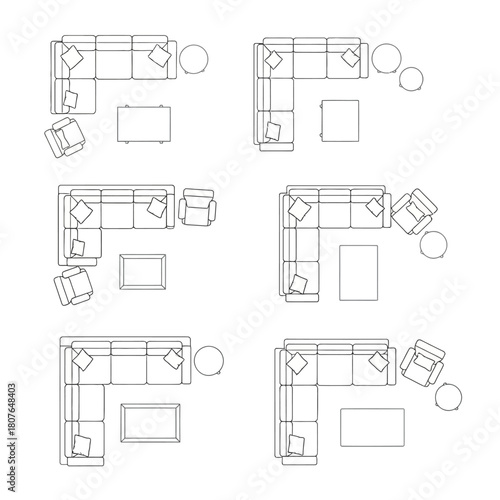 Top-down Architectural Drawings of Sectional Sofas and Furniture Layouts