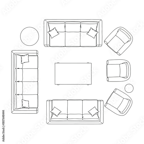 Top-down view of furniture layout for a living room arrangement