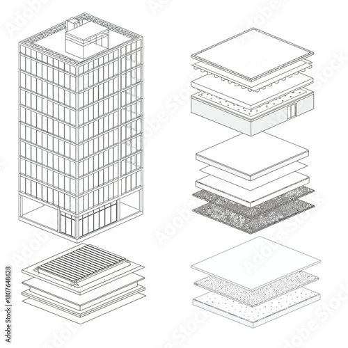Architectural Building Isometric View and Layered Sections