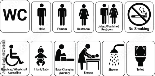 Set of black and white pictograms for public restroom facilities and amenities icon symbol