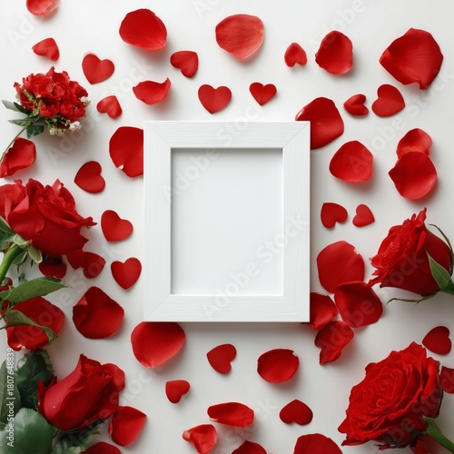 Romantic Display of Red Roses and Heart-Shaped Petals Surrounding a Blank Fra...