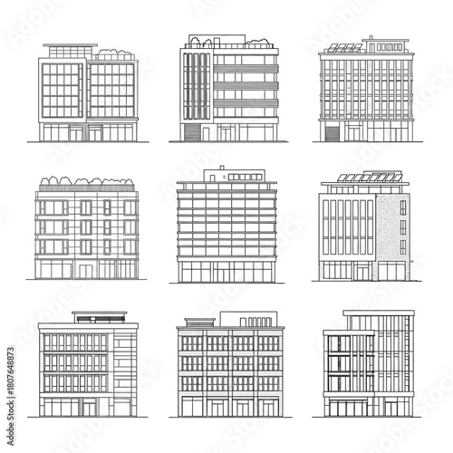 Architectural elevations of modern apartment buildings