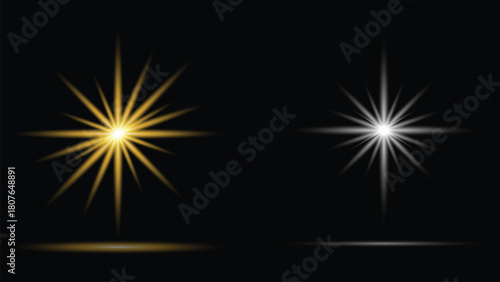 Two Starburst Light Effects One Yellow One White on Black Background glow