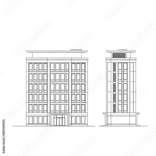 Architectural line drawings of a modern building facade