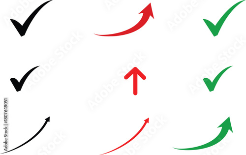 Collection of Check Marks and Upward Arrows in Black Red and Green tick symbol