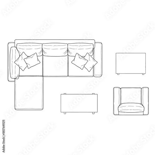 Architectural line drawings of sectional sofa and furniture