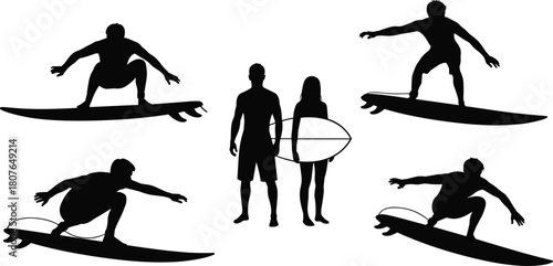 Silhouettes of surfers in dynamic wave-riding poses with surfboards for beach sport vector illustration and surfing culture themes.