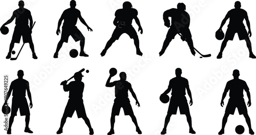 Silhouettes of ten athletes in dynamic sports poses including football, basketball, tennis, and hockey for vector illustration.