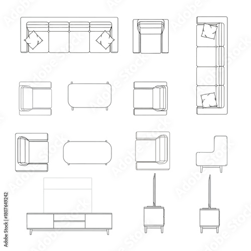 Architectural plan furniture top view line drawings