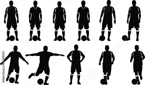Soccer player silhouette vector set with ball poses, black sports icons, athletic stances, and football action illustrations