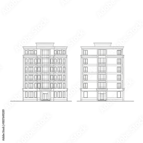 Architectural line drawings of two apartment buildings