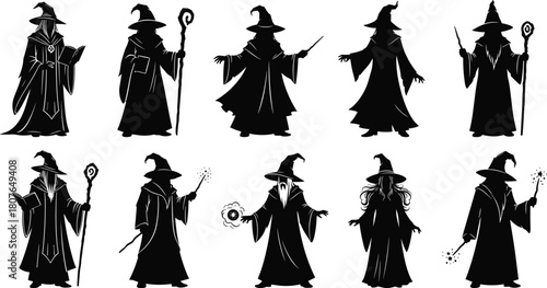 Wizard silhouettes in magical poses with hats, wands, and staffs for fantasy character design, storytelling, and mystical themes.
