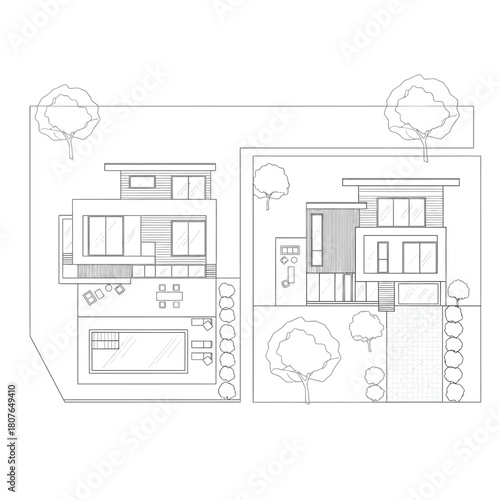 Architectural Top Down View Of Modern Houses With Pool And Garden
