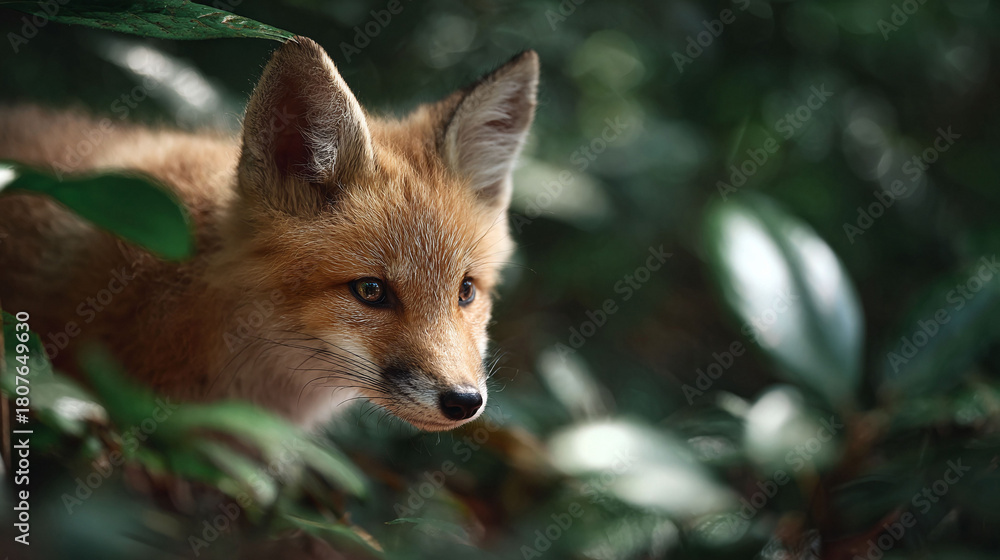 Naklejka premium Captivating closeup of a red fox peering through lush green foliage. Evokes nature, wildlife, and stealth. Ideal for conservation, adventure, or storytelling.