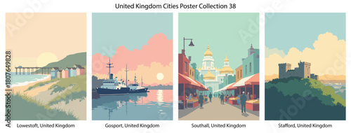 Lowestoft, United Kingdom, Gosport, United Kingdom, Southall, United Kingdom, Stafford, United Kingdom Flat Vector Poster Collection