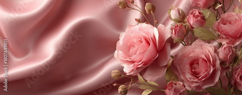 Delicate Pink Roses and Cherry Blossoms on Smooth Satin Fabric Create a Seren...