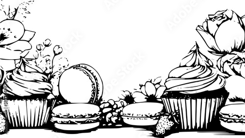 Border with cupcakes and macarons