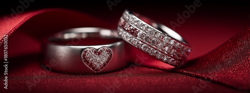 Precious Heart-Shaped Wedding Rings on a Rich Red Fabric Background for a Rom...