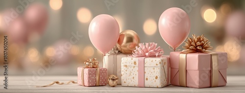 Decorative Gifts and Balloons on a Festive Table With Soft Lighting