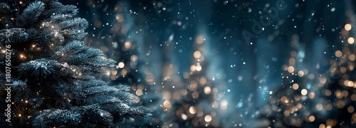 Christmas Tree Branches Sparkling With Snow and Warm Bokeh Lights in a Winter...