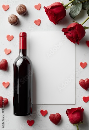Romantic Dinner Setup With Red Wine, Chocolate, and Roses for a Special Occas...