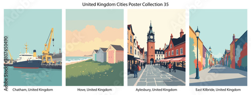 Chatham, United Kingdom, Hove, United Kingdom, Aylesbury, United Kingdom, East Kilbride, United Kingdom Flat Vector Poster Collection
