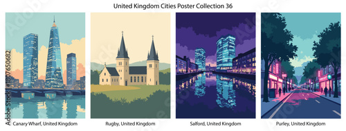 Canary Wharf, United Kingdom, Rugby, United Kingdom, Salford, United Kingdom, Purley, United Kingdom Flat Vector Poster Collection