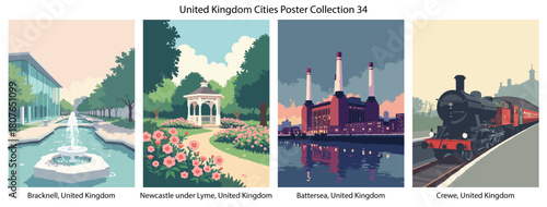 Bracknell, United Kingdom, Newcastle under Lyme, United Kingdom, Battersea, United Kingdom, Crewe, United Kingdom Flat Vector Poster Collection