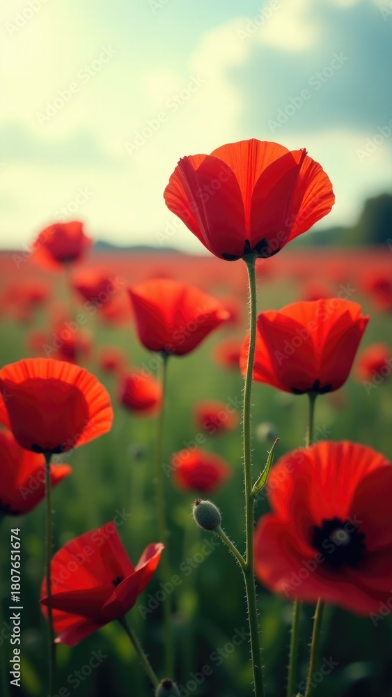 Fototapeta premium A field of bright red poppies surrounded by a clear blue sky