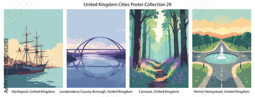 Hartlepool, United Kingdom, Londonderry County Borough, United Kingdom, Cannock, United Kingdom, Hemel Hempstead, United Kingdom Flat Vector Poster Collection