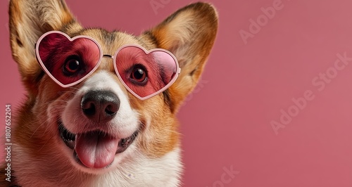 Corgi With Heart-Shaped Sunglasses Smiles Against a Pink Background