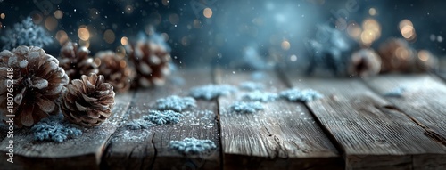 Snowy Winter Scene With Pine Cones and Blue Snowflakes on Rustic Wooden Table...
