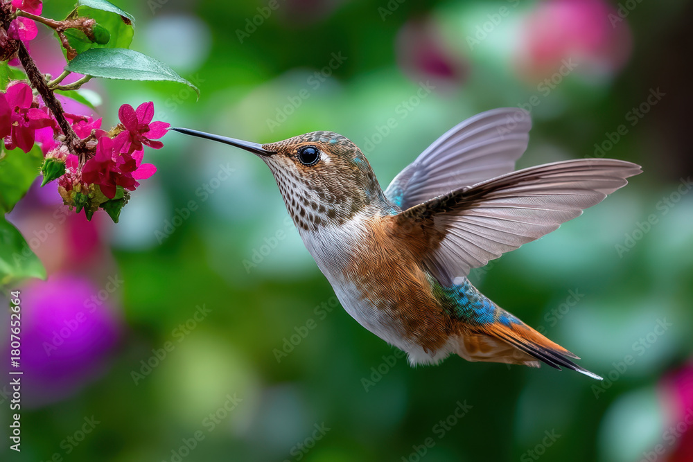 Fototapeta premium Hummingbird hovers near pink flowers in blurred garden