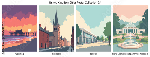 Worthing, Rochdale, Solihull, Royal Leamington Spa, United Kingdom Flat Vector Poster Collection