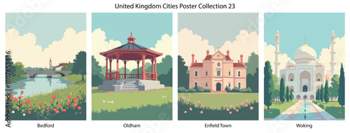 Bedford, Oldham, Enfield Town, Woking Flat Vector Poster Collection