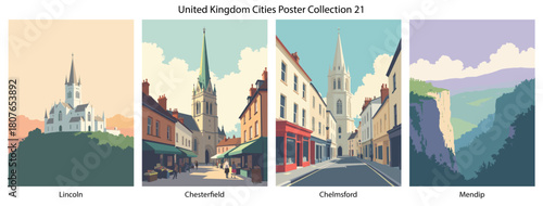Lincoln, Chesterfield, Chelmsford, Mendip Flat Vector Poster Collection