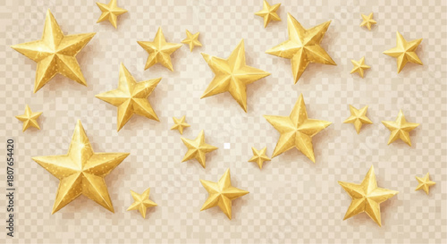 Scattered gold stars of varying sizes on a transparent background creating a festive atmosphere look 100